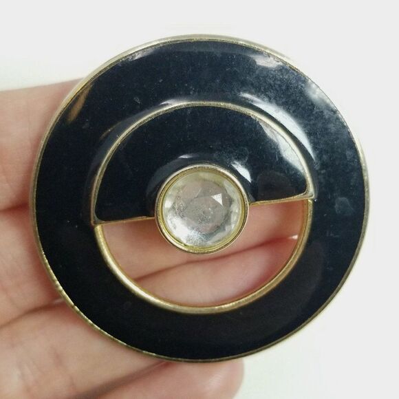 Vintage Black Enamel Round Circle Brooch, Minimal Modern Unisex Retro Design Pin - Picture 1 of 6